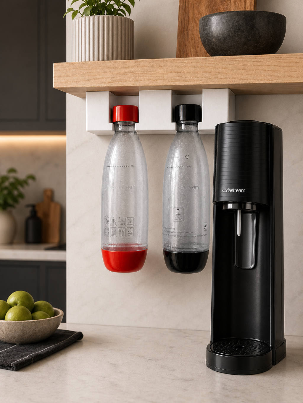 Mocowanie na butelkę SodaStream – uchwyt ścienny/podszafkowy biały
